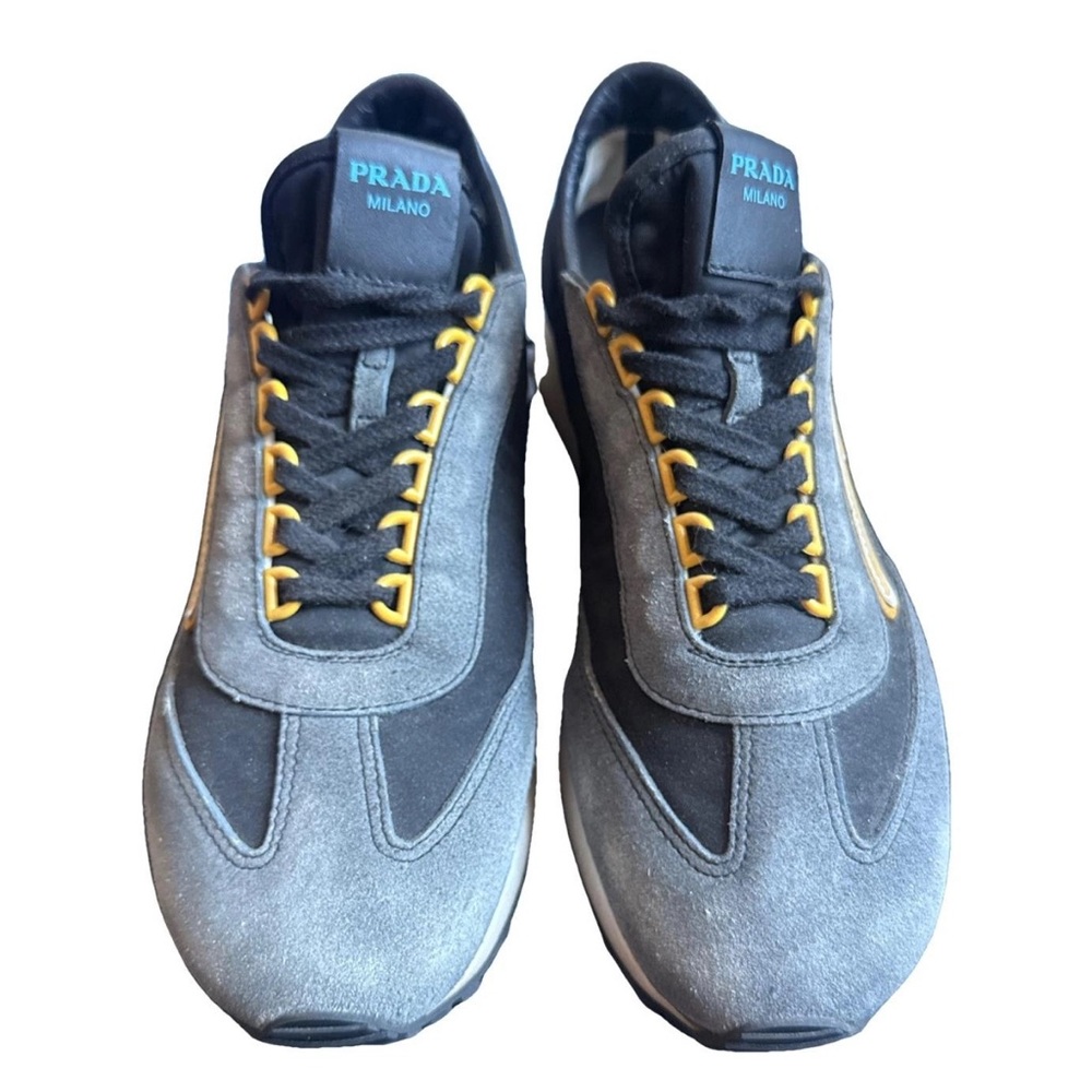 PRADA Men's Gray Suede & Nylon Sneakers with Yellow Accents - Sz 7.5UK